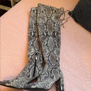 Marc Fisher Over-the-Knee Snake Print Boots in Gray and Black
